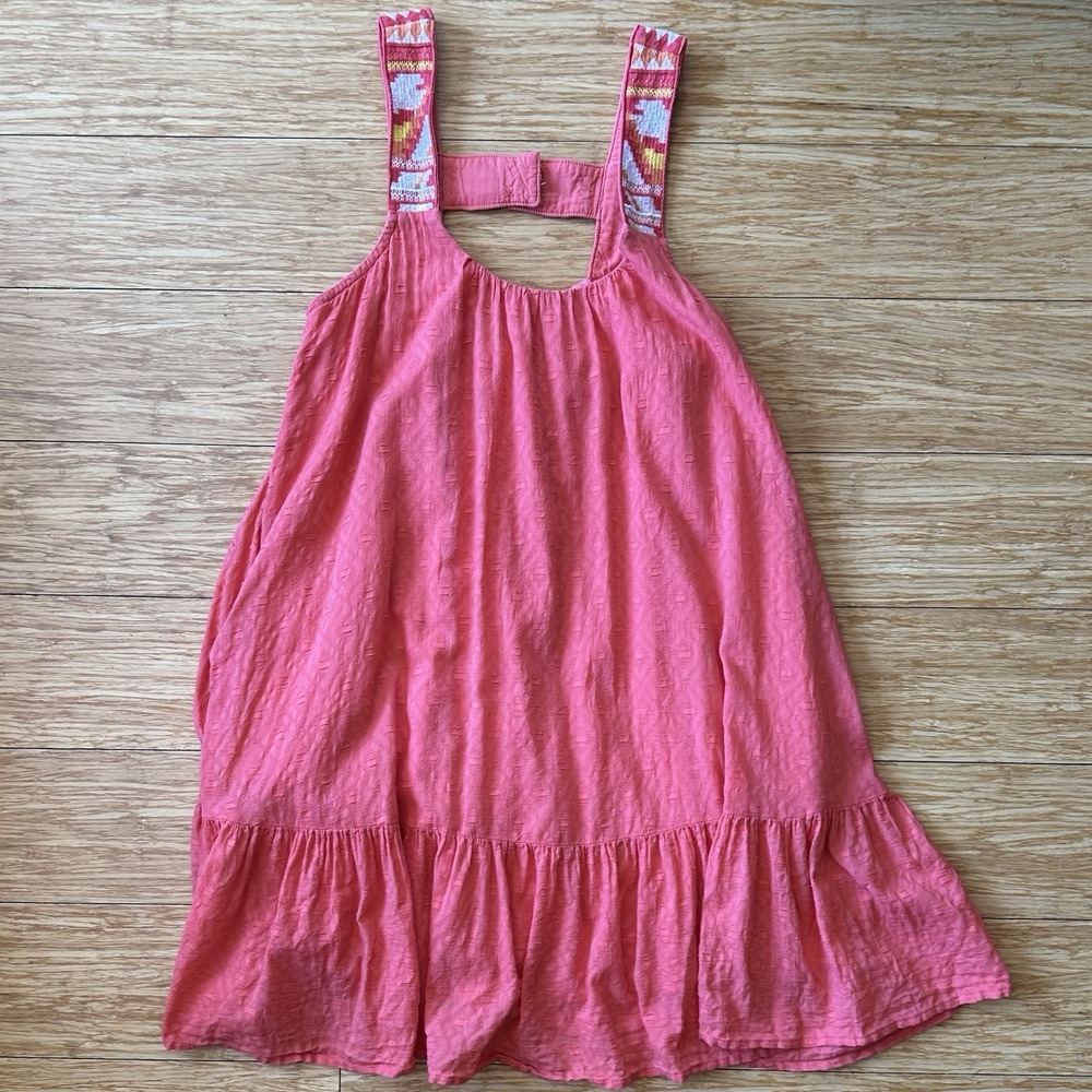 Anthropologie Dress Embroidered Ruffle Coral Size Small 70's Boho Coastal Vibe
